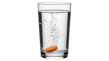 Effervescent tablet dissolving in a glass of clear water with bubbles rising to the surface isolated on transparent background
