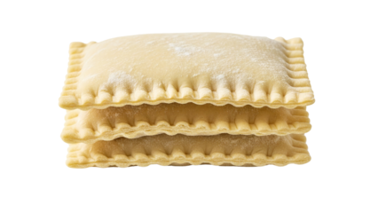 Stack of uncooked ravioli pasta sheets ready for filling and cooking in the kitchen isolated on transparent background