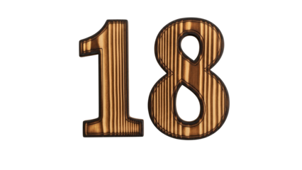 Stylish wooden number eighteen isolated on transparent background for birthday or anniversary celebrations