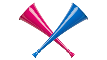 Two colorful plastic horns crossed over each other isolated on transparent background