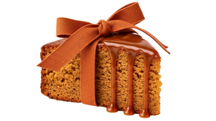 Delicious slice of cake with caramel drizzle and bow on top isolated on transparent background