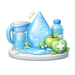 World health day a water filter bottle apple and heart rest healthily on white.