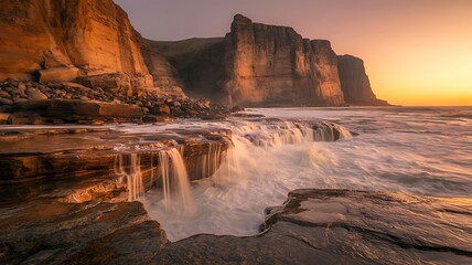 Coastal Waterfall Flowing Over Rocky Cliffs at Sunset