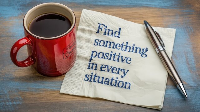 Motivational napkin message encouraging positivity next to a red coffee mug and a sleek silver pen suggest deep reflection.