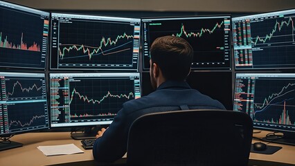 Male trader analyzing stock market trends on multiple monitors, displaying various financial graphs and data, immersed in investment strategies and market analysis