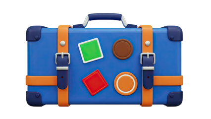 Blue vintage suitcase with orange straps and decorative patches