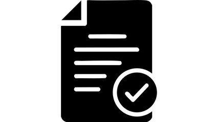 Black document icon with white lines and checkmark on a clean white background for business or checklist concept