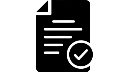 Black document icon with white lines and checkmark on a clean white background for business or checklist concept