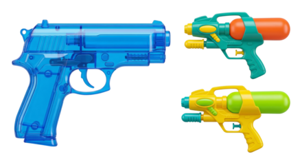 Transparent Blue Water Gun and Two Colorful Toy Squirt Guns on White Background