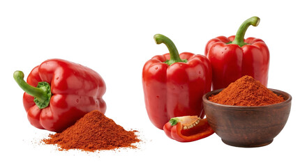 Red Bell Peppers and Paprika Powder on White Background