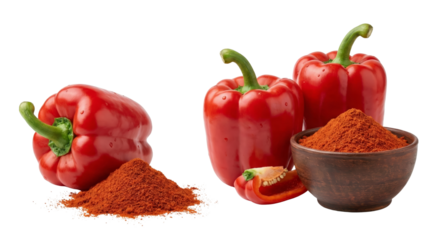 Red Bell Peppers and Paprika Powder on White Background
