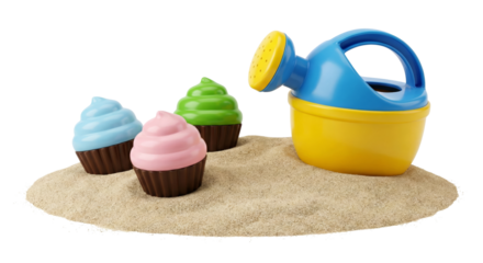 Colorful Cupcake Sand Molds and Toy Watering Can on Sand