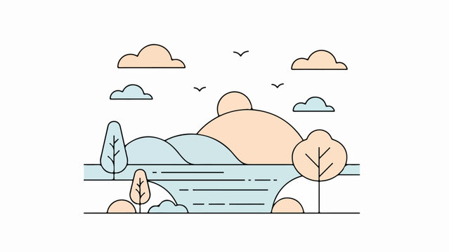 Minimalist landscape illustration with calm water, trees, and rolling hills under a pastel sky