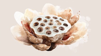 A delicate watercolor illustration of a lotus flower, showcasing its layered petals and seed pod in soft, earthy tones.