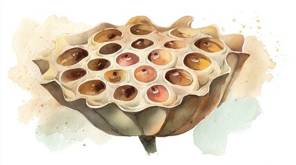 A delicate watercolor illustration of a lotus seed pod, showcasing its unique structure and natural beauty with soft colors.