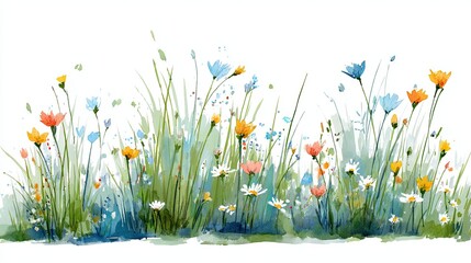 A vibrant watercolor illustration of wildflowers in various colors and heights, set against a soft, natural background.