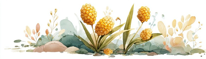 A vibrant illustration of yellow flowers amidst soft foliage and stones, creating a serene, natural landscape.