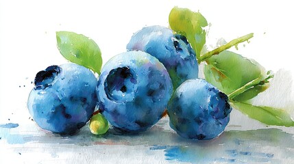 A vibrant watercolor illustration of fresh blueberries with green leaves, showcasing their rich blue color and natural beauty.