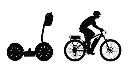 Silhouette of a man riding an electric bicycle and a one wheel vehicle © MdBakerHossen