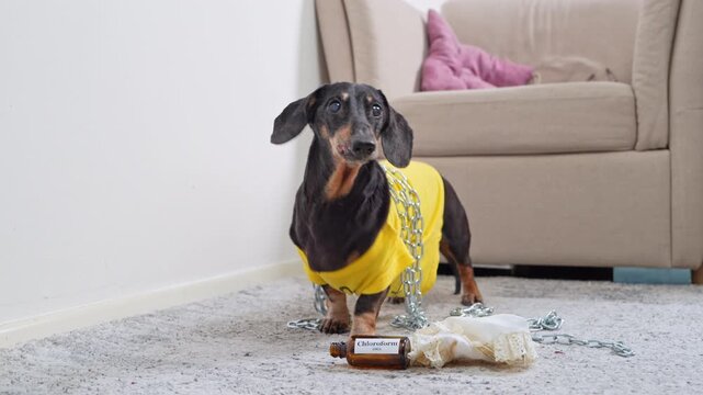 A black dachshund in a yellow T-shirt, tied with a chain, stands on the carpet next to a cloth napkin and an empty bottle of chloroform, looks up and runs away.