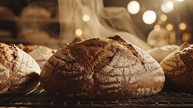 Warm, freshly baked rye bread rounds cooling on a rack with steam rising, showcasing bakery warmth and inviting aroma.
