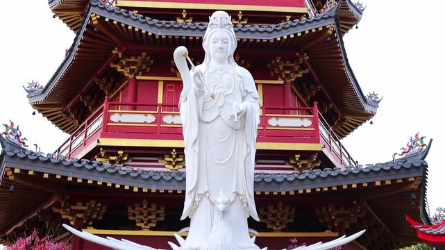 Mature chinese Man standing before Guan Yin Niang Niang or Ci Hang Dao Ren statue at Asian temple
