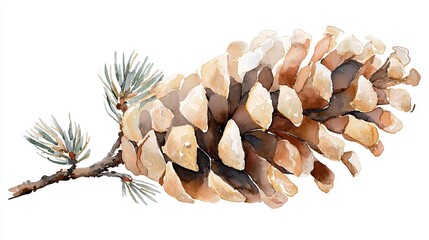 A detailed watercolor illustration of a pine cone with attached green needles, showcasing natural textures and colors.