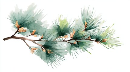 A watercolor illustration of a pine branch, featuring soft green needles and budding pine cones, evoking a serene, natural ambiance.