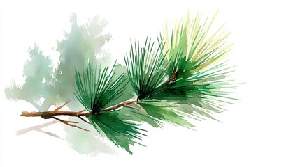 A watercolor illustration of a pine branch, showcasing its vibrant green needles and natural textures against a light background.
