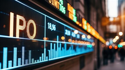 Digital display showing stock indices and IPO information, with vibrant colors and dynamic graphs, representing investment opportunities in the financial market
