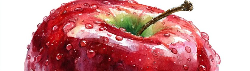 A close-up of a vibrant red apple with glistening droplets of water on its surface, showcasing its freshness and appeal.