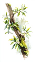 A detailed watercolor illustration of a branch with vibrant green leaves and moss, showcasing the beauty of nature.
