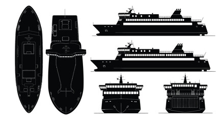Detailed blueprint illustrations showcasing various views of a large passenger ferry ship © MdBakerHossen