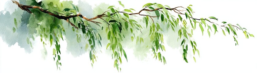 A watercolor painting of a delicate branch with green leaves, showcasing the beauty of nature in a serene, artistic style.