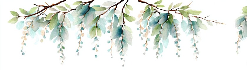 A delicate watercolor illustration of cascading leaves and branches, showcasing soft greens and subtle blues, perfect for decorative purposes.