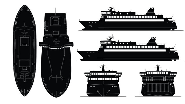 Detailed blueprint illustrations showcasing various views of a large passenger ferry ship