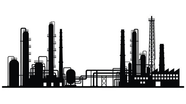 Silhouette of an industrial complex with refinery towers and processing units
