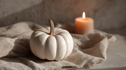 Cozy autumn scene with white pumpkin and lit candle