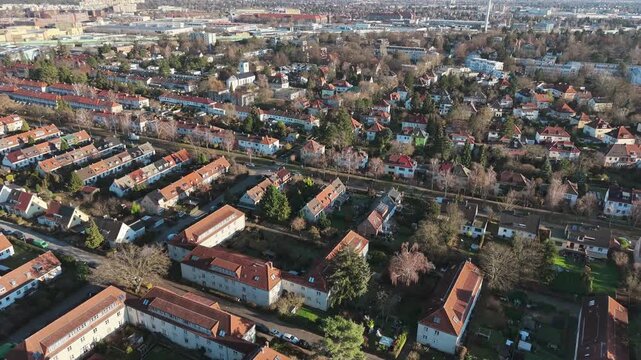Berlin suburbs aerial reverse view over low rise apartment blocks