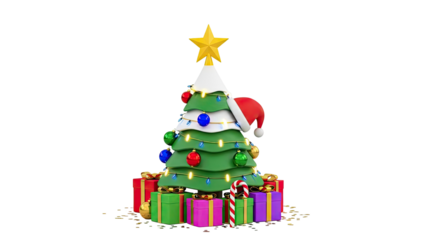 3D Cartoon Christmas Tree with Gifts and Santa Hat