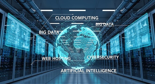 Data center visualization with cloud computing and artificial intelligence. - Powered by Adobe