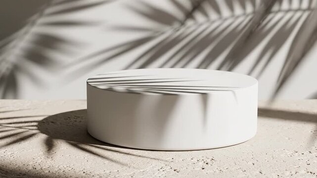 White cylindrical object on beige surface with palm shadows on wall and floor
