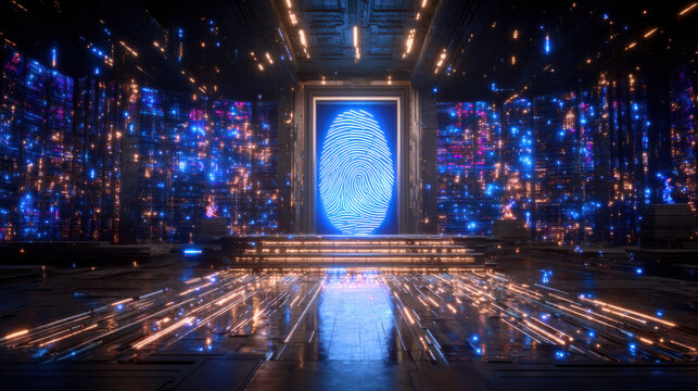 Futuristic security gateway with glowing biometric fingerprint and neon circuitry, dramatic high tech atmosphere - Powered by Adobe
