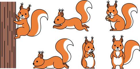 Set of cute orange squirrel cartoon characters in various poses including climbing a tree, running, and eating isolated on white background. © PUTUL