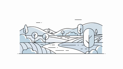 Obraz premium Minimalist landscape illustration of a winding river flowing through rolling hills with stylized trees