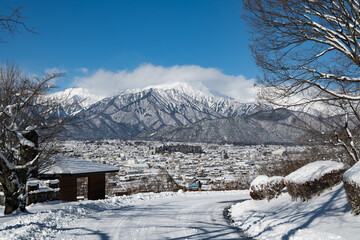 高台から望む街並みと冬の北アルプス
