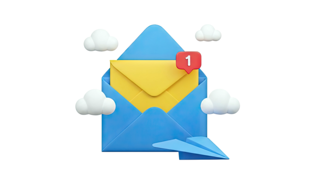 3D Render of Email Notification with Clouds and Paper Airplane - Powered by Adobe
