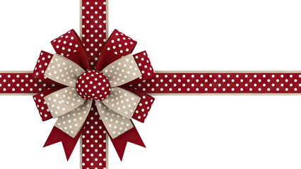 Red and tan polka dot gift bow with ribbon on white background