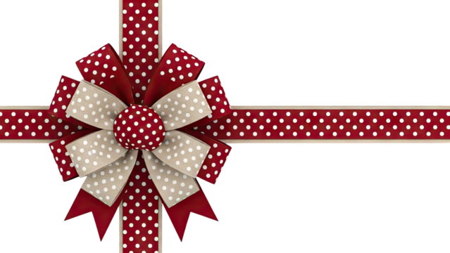 Red and tan polka dot gift bow with ribbon on white background - Powered by Adobe
