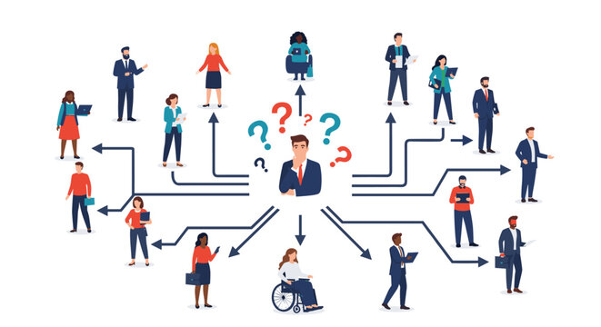 Central businessman making decisions or delegating tasks indicated by arrows pointing to various diverse team members in a professional network.